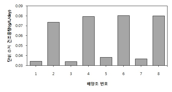 초기 분양밀도 및 이산화탄소 공급에 따른 단위 부피당 1일 수거량