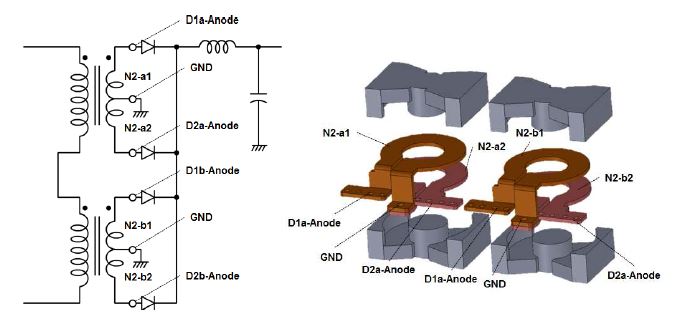2개의 트랜스포머와 2차 코일 형상
