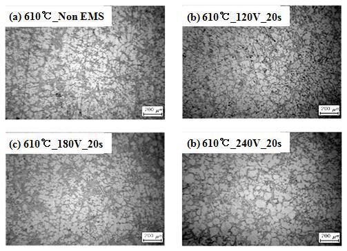 ADC10합금의 주입온도 610℃에서의 교반력에 따른 미세조직 변화: (a) 0V, (b) 120V, (c) 180V, and (d) 240V.
