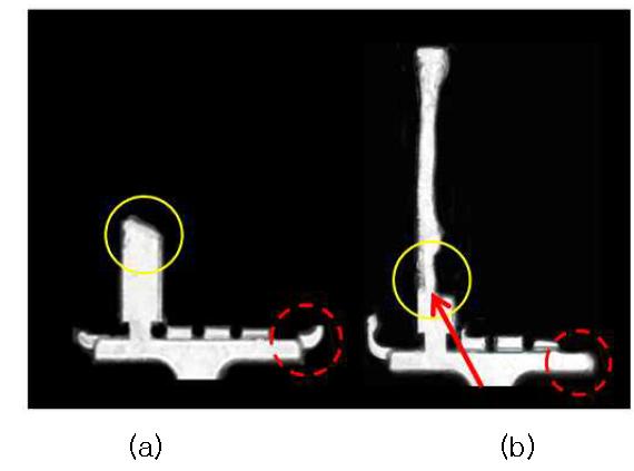 공정변수에 따른 10mm 시편에서의 충진거동: (a) 제어용탕, (b) 일반용탕