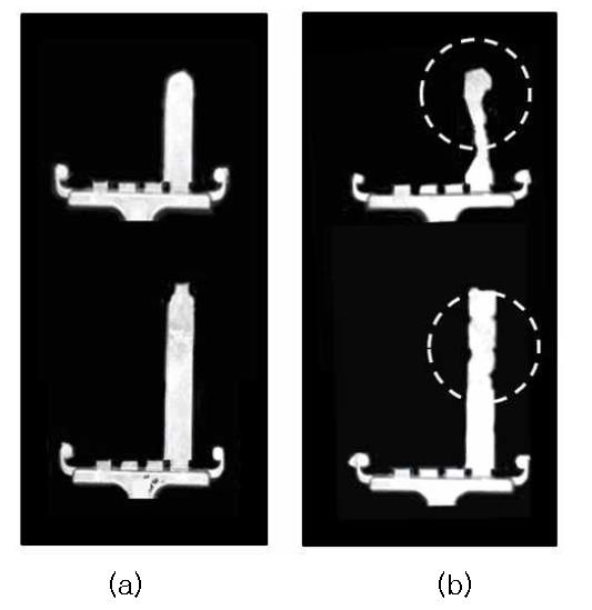 공정변수에 따른 2mm 시편에서의 충진거동: (a) 제어용탕, (b) 일반용탕