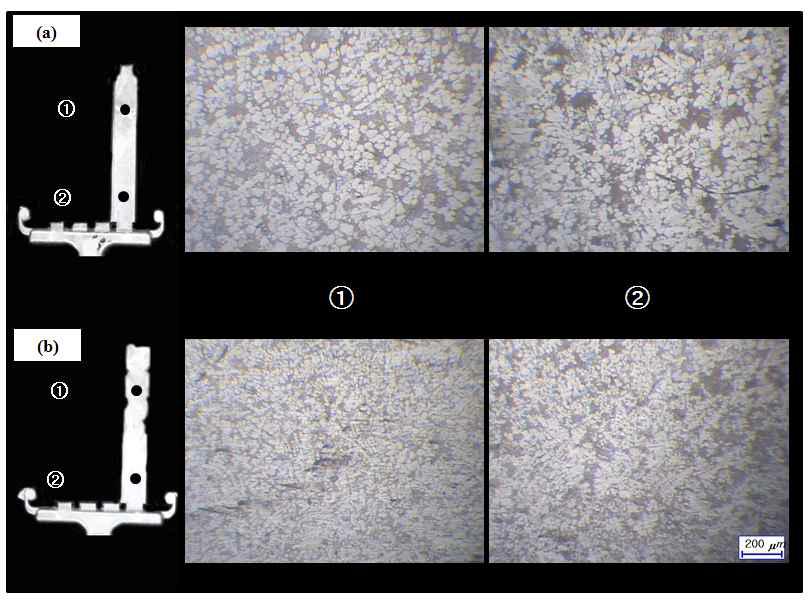 공정변수에 따른 2mm 시편에서의 미세조직: (a) 제어용탕, (b) 일반용탕