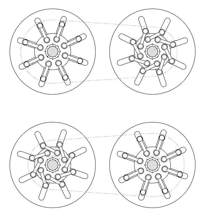 Pitch radius variation of driving pulley and driven pulley using assistant disk and link