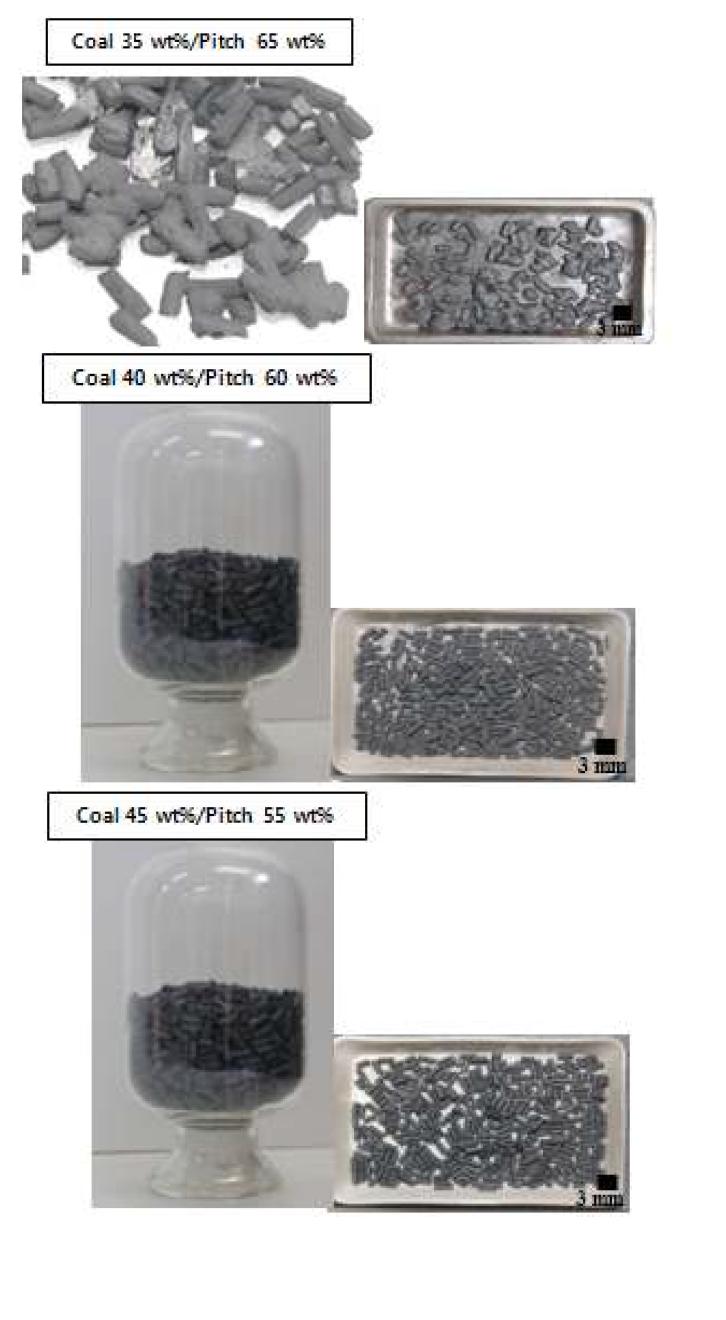 Views of activated carbon pellets containing in the sample bottles and plates after carbonization and steam activation processes: (top) coal 35 wt%/pitch 65 wt%, (middle) coal 40 wt/pitch 60 wt%, and (bottom) coal 45 wt%/pitch 55 wt%.