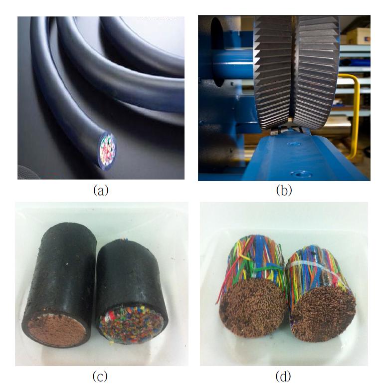 (a) 젤리충전통신케이블 (b) 케이블 스트립퍼(c) 전처리 전 케이블 (d) 전처리 후 케이블