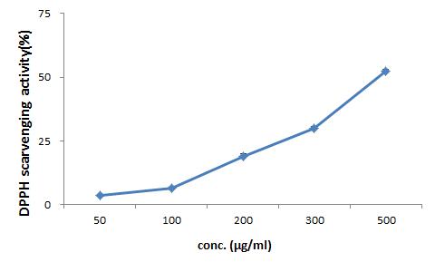 DPPH scavenging activity (%) of Chrysanthemum indicum Linne of water extract on the concentration in the range of 50-500 μg/ml.