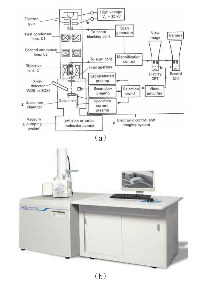 주사전자현미경 (Scanning electron microscope, SEM); (a) SEM 각부의 역할과 명칭, (b) 장비 외관