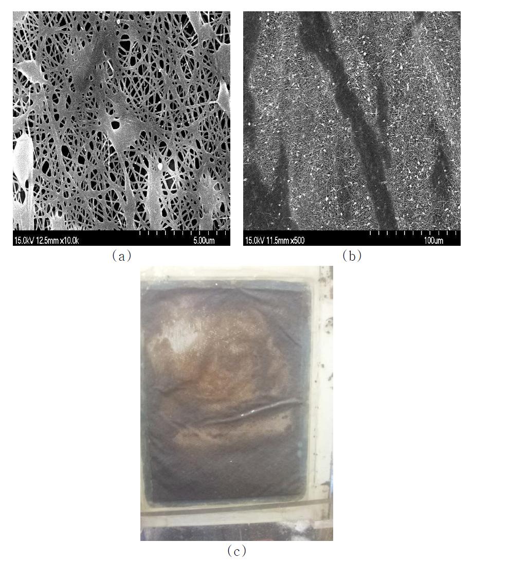 불균일 멤브레인 표면 SEM 사진; (a) 나노섬유 단점 bead, (b) 불균일한 방사, (c ) 불균일성으로 인한 멤브레인 오염