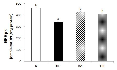 Effects of Rosa multiflora on hepatic glutathione peroxidase (GSH-px) activities in rat high fat·high cholesterol diets. All values are the means±SE (n=10). Those with different superscript letters are significantly different at p<0.05 by Tukey’s test.