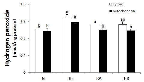 Effects of Rosa multiflora on hepatic Hydrogen peroxide (H2O2) activities in rat high fat·high cholesterol diets. All values are the means±SE (n=10). Those with different superscript letters are significantly different at p<0.05 by Tukey’s test.