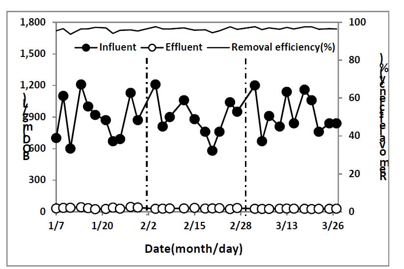내부순환 적용에 따른 3단 생물막여과기의 BOD 제거율