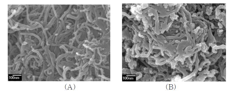 FESEM images of CNTs (A) and CNT-PEP composites (B)