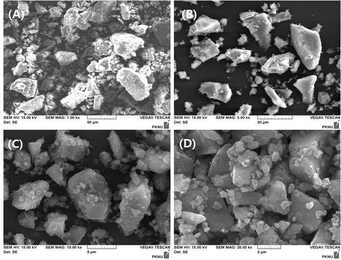 SEM image of PEPBP having propargyl side chains scale bars (A)50㎛, (B)20㎛, (C)5㎛, (D)2㎛