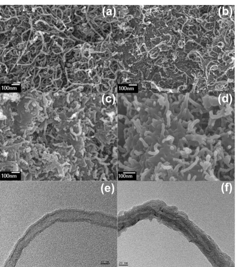 FESEM micrographs of (a) p-MWCNTs (b) o-MWCNTs and (c,d) MWCNT/P2EP hybrid under different magnifications.HRTEM images of (e) o-MWCNTs and (f) MWCNT/P2EP