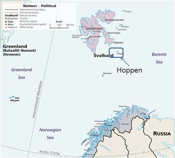 대기경계층 관측 지역인 Hopen 섬 위치(다산기지가 위치한 스발바드 군도의 동남쪽에 위치함)