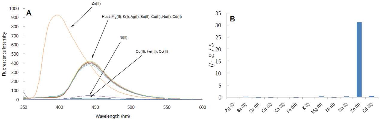 (A) Changes in the fluorescence intensity of receptor 7 (10 μ M) upon the addition of a metal nitrate (40 μ M) in DMSO/CH3CN (1:9, v/v) excited at 343 nm. (B) Fluorescence ratio ((I-I0 )/I0 ) of receptor 7 (10 μ M) at 397 nm upon addition of a metal nitrate (40 μ M) in DMSO/CH3CN (1:9, v/v).