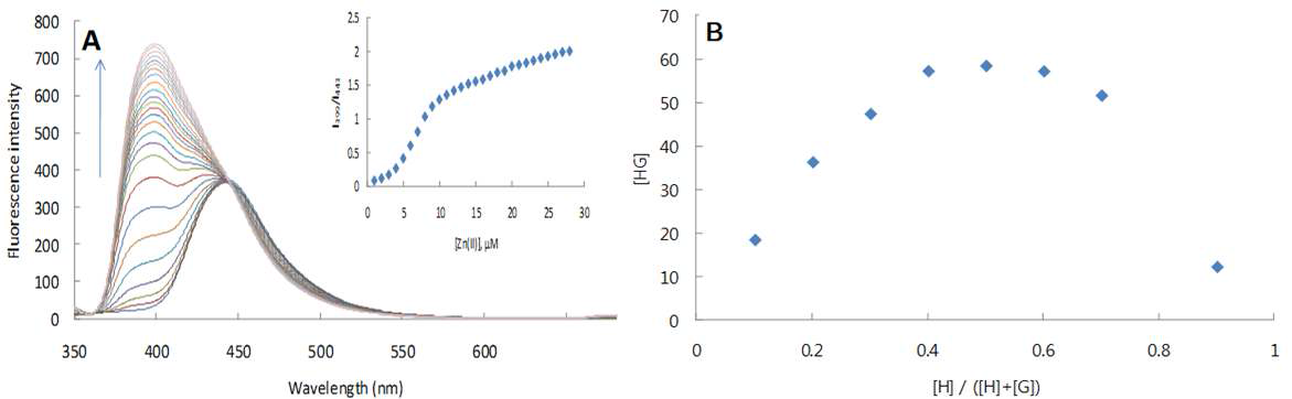 (A) Changes in fluorescence spectra of receptor 7 (10μ M) upon successive addition of Zn2+ (0-90μ M) in DMSO/CH3CN (1:9, v/v) and (B) Job’s plot for the complex formed between receptor 7 and Zn2+. The fluorescence intensity at 397 nm was used for calculations.