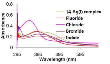 Changes in UV-vis spectra of complex 14.Ag+ (20 µM)in HEPES buffered aqueous solution (20 mM, pH = 7.0) in the presence of tetrabutylammonium halide salts (200 µM).