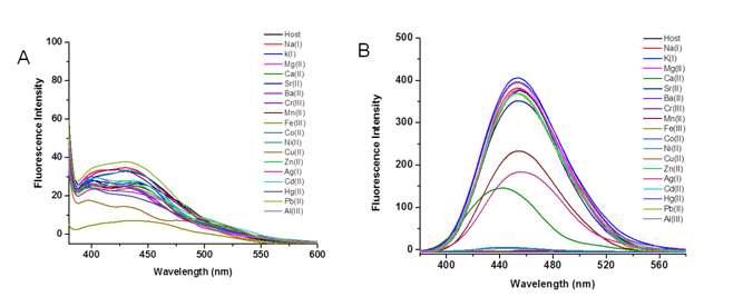 (A) Fluorescence emission spectra of receptor 27 upon addition of various metal ions in DMSO/H2O (7:3, v/v) (B) Fluorescence emission spectra of receptor 28 upon addition of various metal ions in DMSO/H2O (7:3, v/v).