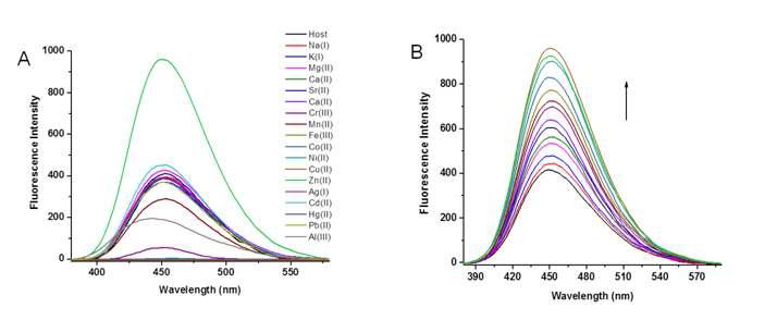 (A) Fluorescence emission spectra of receptor 29 upon addition of various metal ions in DMSO/H2O (7:3, v/v) (B) Changes in emission spectra of receptor 29 upon continuous addition of Zn2+ ions in DMSO/H2O (7:3, v/v).