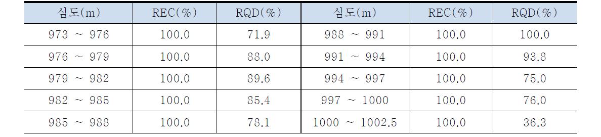 시추코아 구간별 회수율 및 RQD분석