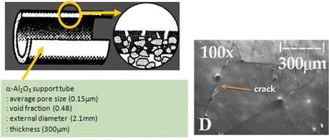 탄소분자체 분리막 제조시 열처리 과정에서 생긴 결함. 고분자의 탄화과정에서 지지체는 필수 요소이며, 고분자와의 열팽창 계수의 차이로 크랙이 발생됨.
