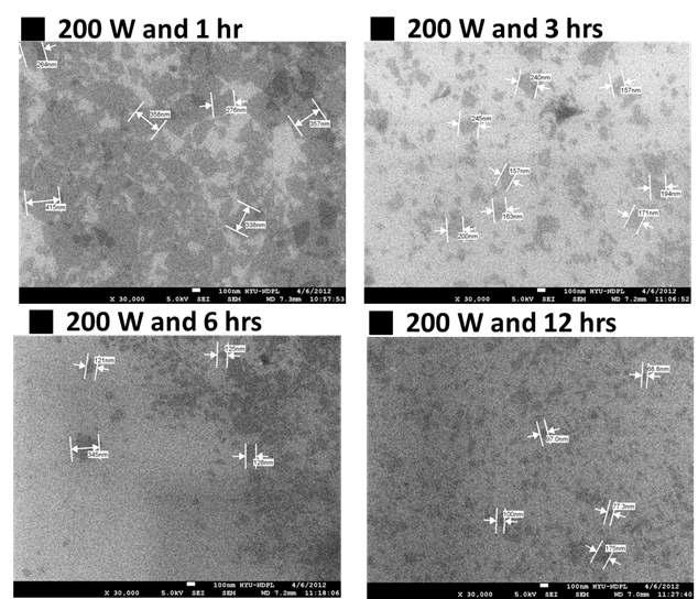박리시간에 따른 나노탄소 크기 변화 SEM 사진