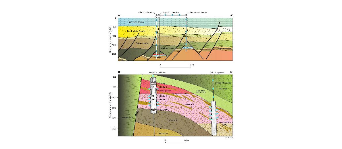 Otway 지역 단층 및 U-tube를 통한 sampling 도식화 (Boreham et al., 2011)