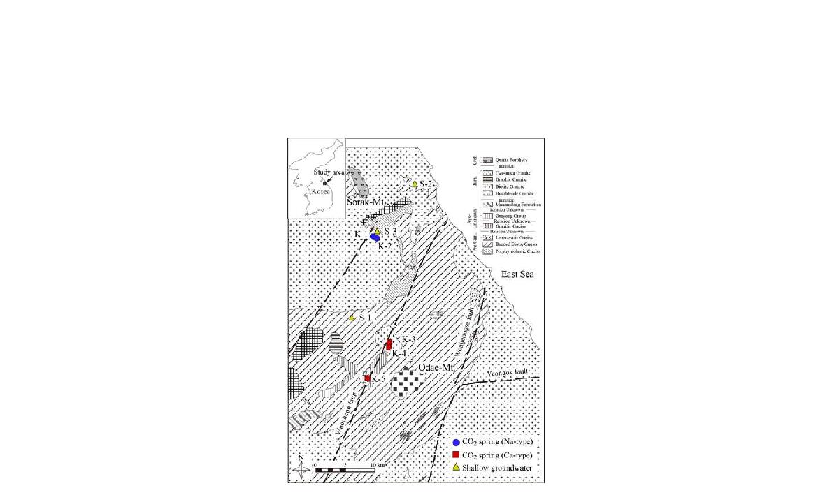 강원지역 지질도 및 조사 지역(Choi et al, 2014)