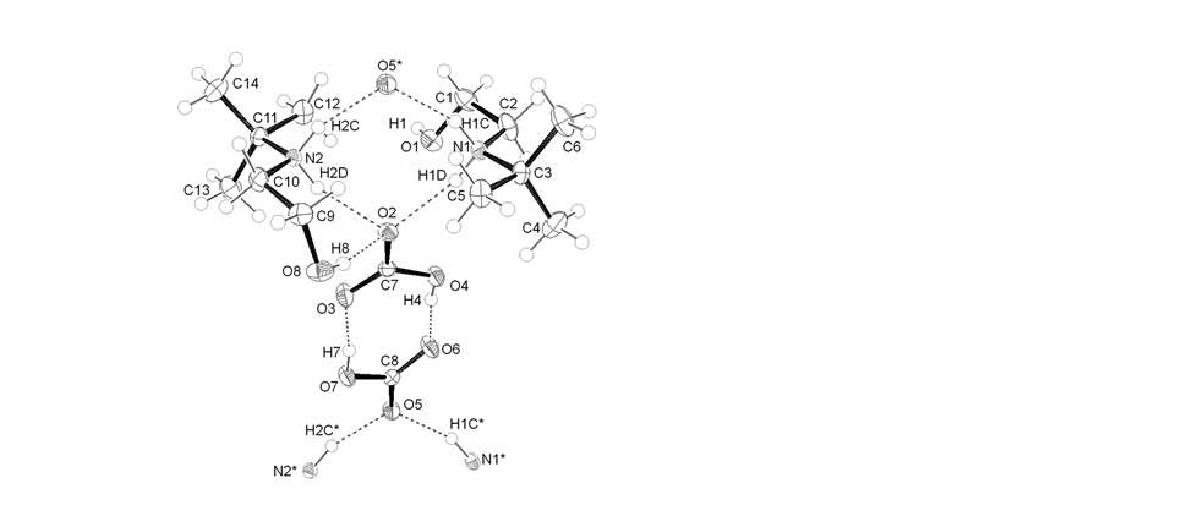 ORTEP drawing of the crystal structure of 4 displayed with thermal ellipsoids at 50% probability levels. Hydrogen bonds are represented as dotted lines. N1*, H1C*, N2*, H2C*, and O5* have been generated by applying symmetry operation (x, y+1, z).