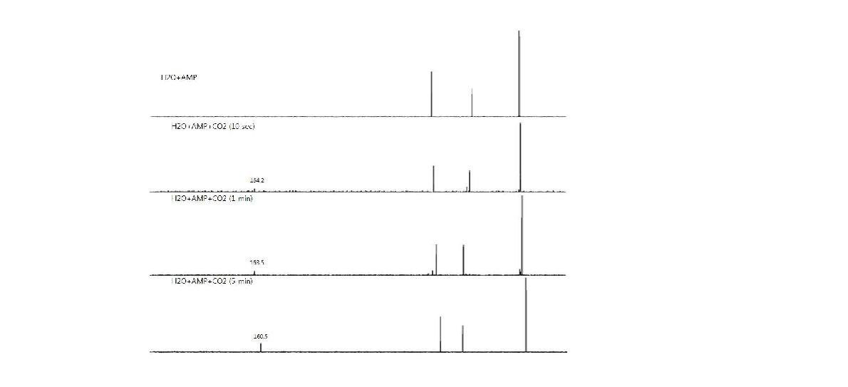 13C NMR spectra showing the change of product composition with time for the interaction of AMP with CO2.
