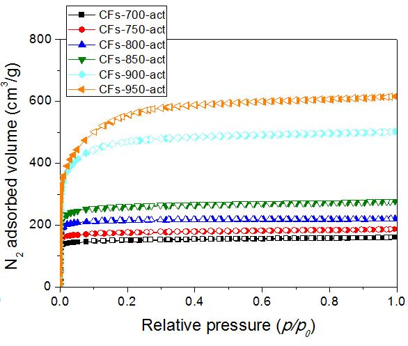 N2/77 K adsorption/desorption isotherms of CFs-act samples.