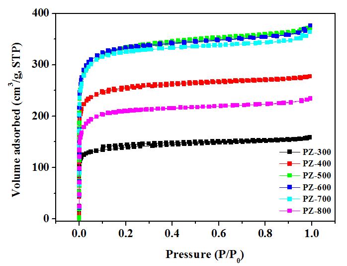 N2/77 K full isotherms of N-enriched porous cabons.