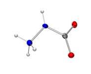 고체 히드라진(NH3+NHCO2-)의 구조: 붉은 색 구는 산소, 푸른 색 구는 질소, 회색 구는 탄소, 그리고 작은 구는 수소