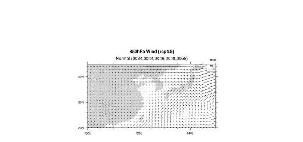 RCP4.5시나리오 21C 중반의 normal 기간 동안의 850hPa 고도 바람장 분포
