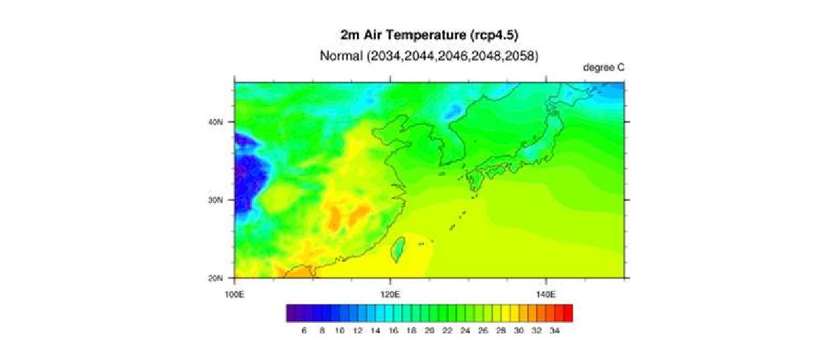 RCP4.5시나리오 21C 중반의 normal 기간 동안의 2m 기온 분포