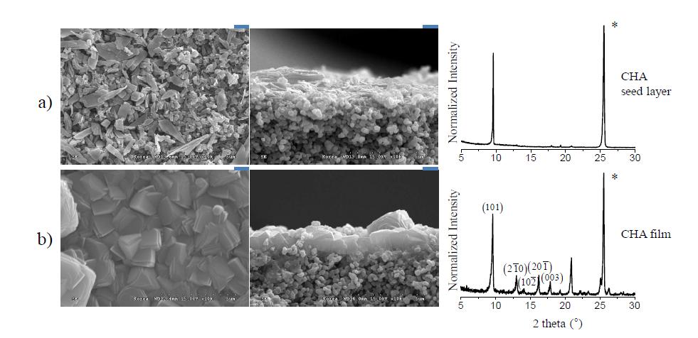 Si-CHA 씨드층의 평면 SEM 이미지, 단면 SEM 이미지 및 이에 상응하는 XRD 패턴 (a, 윗쪽)과 Si-CHA 씨드층 (a)의 이차 성장을 통해 얻은 CHA필름의 평면 SEM 이미지, 단면 SEM 이미지 및 이에 상응하는 XRD 패턴 (b, 아래쪽).