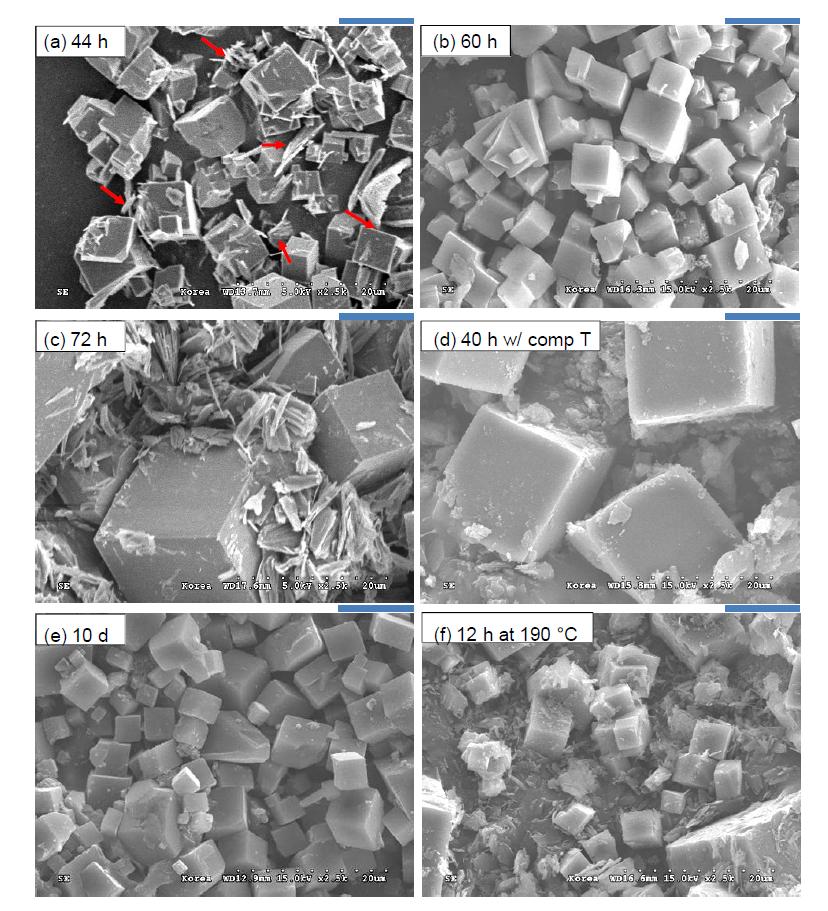 합성된 입자의 SEM 이미지 (a) comp t, 155 °C, 42 시간 조건 입자 (P155_42h_t), (b) comp t, 155 °C, 60 시간 조건 입자 (P155_60h_t), (c) comp t, 155 °C, 44 시간 조건 입자 (P155_72h_t), (d) comp T, 155 °C, 40 시간 조건 입자(P155_0h_T), (e) comp t, 155 °C, 10 일조건 입자 (P155_10d_t), (f) comp t, 190 °C, 12 시간 조건 입자 (P190_12h_t). (a)의 빨간색화살표는 판 모양의 입자을 가리킨다. 기준자 (scale bar)는 10 μm이다.