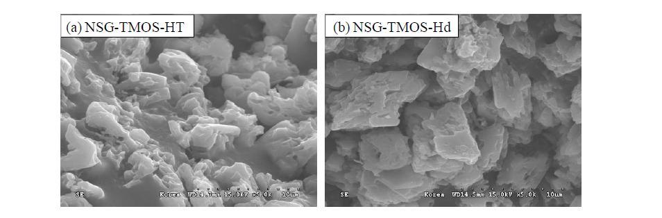 실리카원만 없고 씨앗 성장을 위해 사용된 것과 동일한 합성조건(160℃, 4일)에 노출된 NSG-TMOS-HT과 NSG-TMOS-Hd 입자의 SEM 사진.