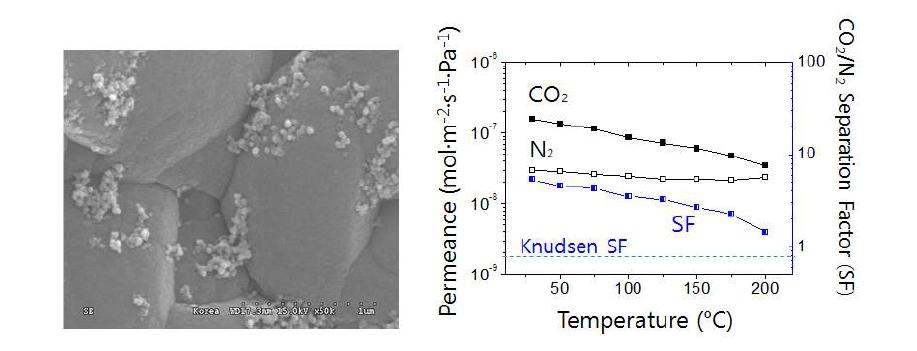 새로운 방법을 적용하여 얻은 DDR 제올라이트 분리막의 top-view 전자현미경 사진 (왼쪽)과 그 분리막의 CO2/N2 분리 능력 (오른쪽).