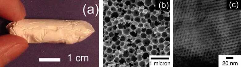 두 가지 크기의 기공을 갖는 티타늄 인산염의 주사전자현미경 및 투과전자현미경 사진