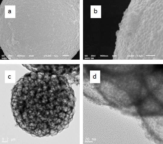 거대기공과 티타니아-지르코니아의 복합성분을 갖는 입자의 (a),(b) 주사전자현미경 사진, (c),(d) 투과전자현미경 사진.