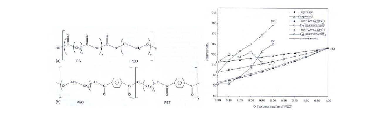 (a) Pebax 및 polyactive의 구조 및 (b) CO2 투과도