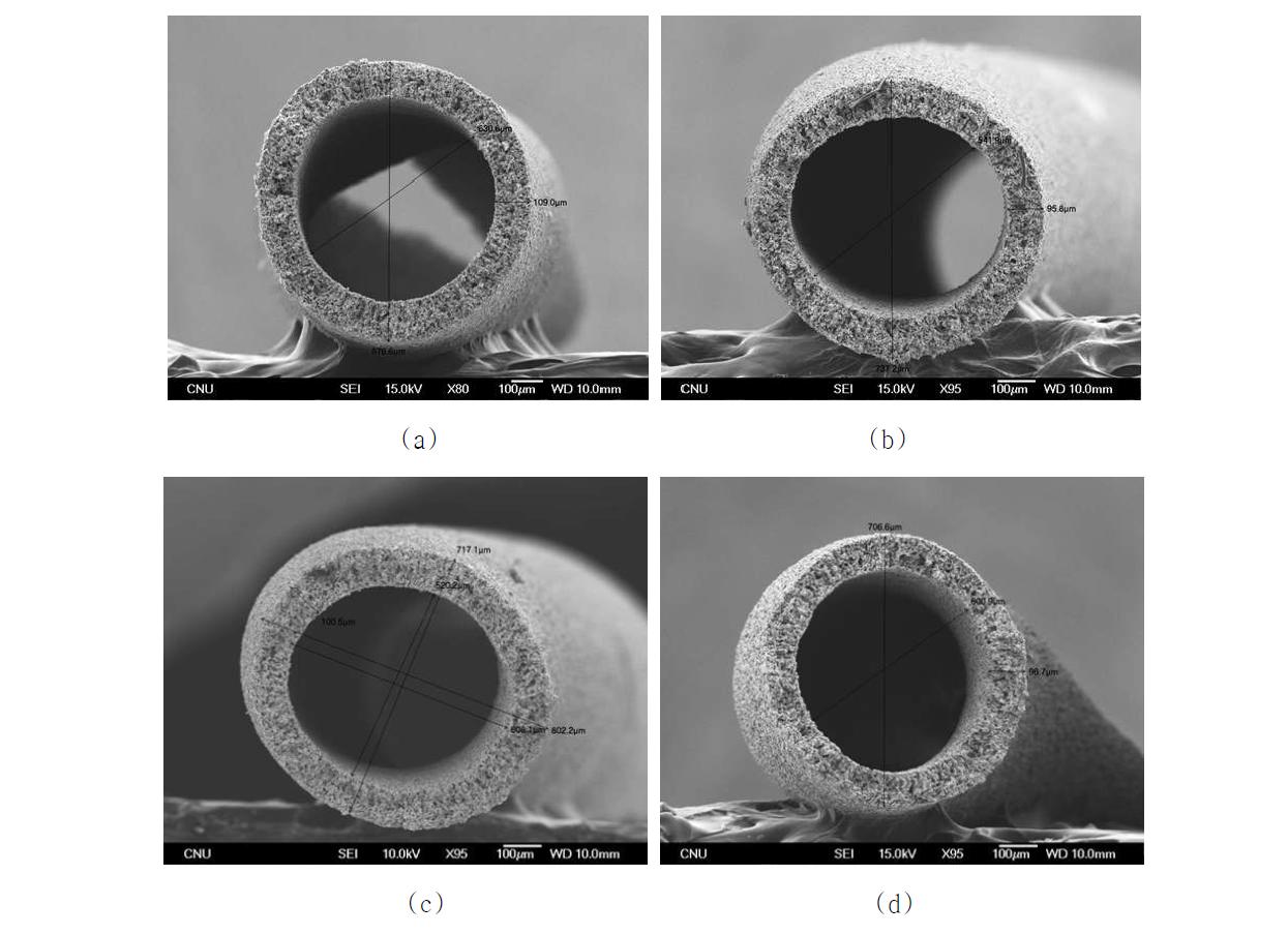 열처리 온도를 달리하여 얻어진 다공성 니켈 모세관 파면의 저배율 SEM 사진