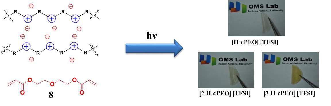 Schematic diagram for the preparation of the II-cPEO blend membranes ([II][TFSI], [2II][TFSI], and [3II][TFSI]) and their photographs