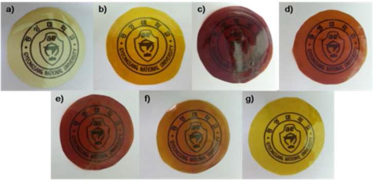 폴리이미드 membrane samples (mole ratio of DAF-BAPF) a) 10:0, b) 8:2, c) 6:4, d) 5:5, e) 4:6, f) 2:8, g)0:10