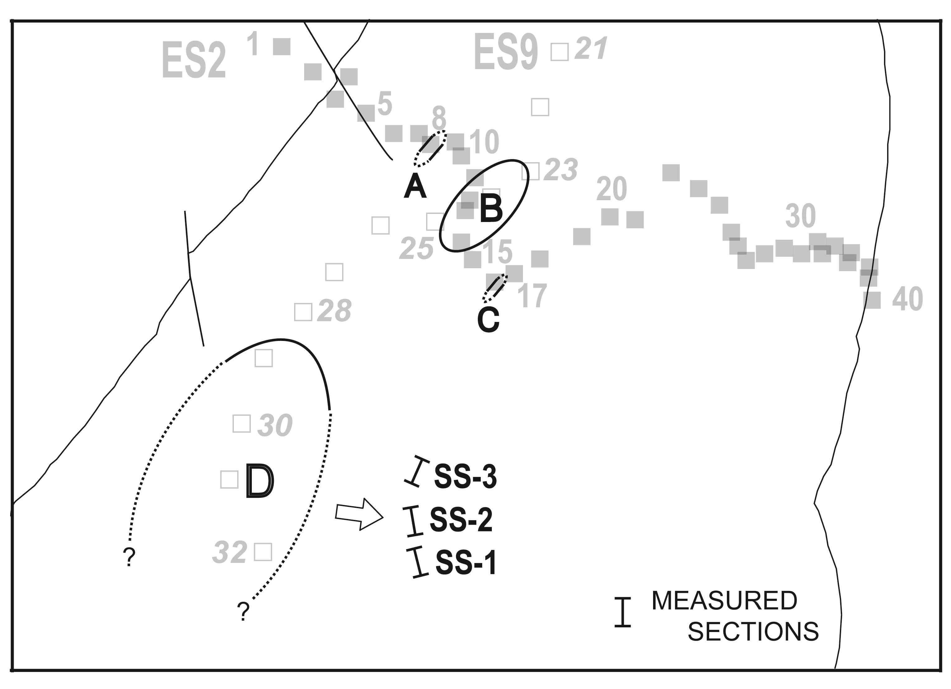 MT와 야외지질 자료에 근거해 해석된 화산암체 A, B, C, D의 평면 위치도.