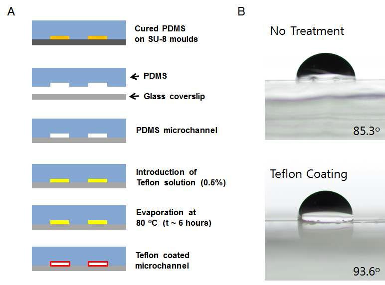 Teflon 처리 과정 모식도 및 처리 이후 contact angle 변화