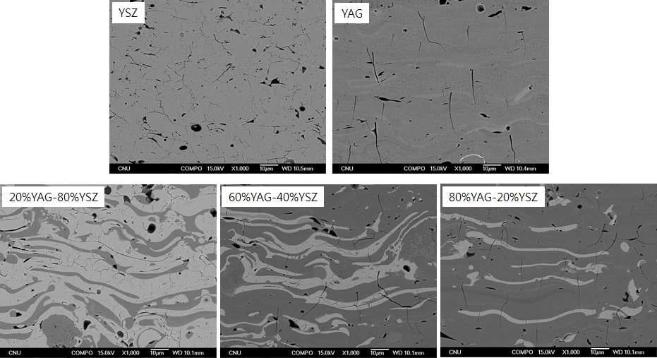 YAG-YSZ 코팅의 YSZ 분율에 따른 미세조직 변화.