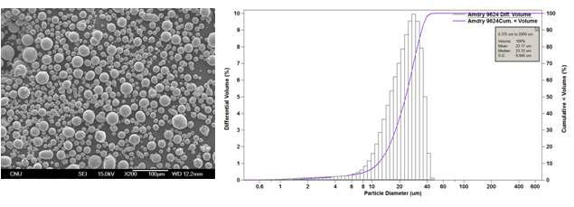 NiCrAlY (Amdry9624) 분말의 형상 및 입도분포.